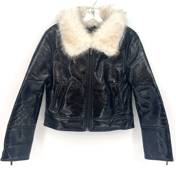 Unreal Fur Aviator Jacket Small Black Bomber Vegan Wet Look Leather Fur Collar - Picture 4 of 14